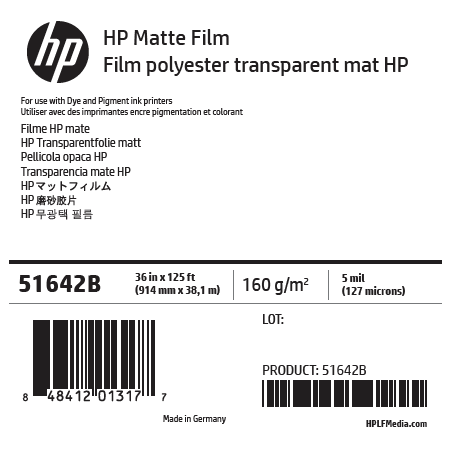Film Mat HP - 0,914 x 38,10 m - 160g Film Mat HP - 0,914 x 38,10 m - 160g