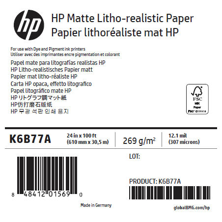 Papier Mat Litho-Réaliste HP - 0,610 x 30,50 m - 270g Papier Mat Litho-Réaliste HP - 0,610 x 30,50 m - 270g