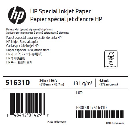 Papier Spécial Jet d'Encre HP - 0,610 x 45,72 m - 90g Papier Spécial Jet d'Encre HP - 0,610 x 45,72 m - 90g