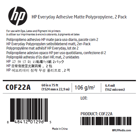Polypropylène Mat Adhésif HP - 1,524 x 22,90 m - 120g Polypropylène Mat Adhésif HP - 1,524 x 22,90 m - 120g