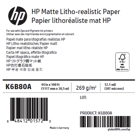 Papier Mat Litho-Réaliste HP - 1,118 x 30,50 m - 270g Papier Mat Litho-Réaliste HP - 1,118 x 30,50 m - 270g